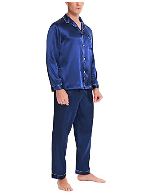 SWOMOG Mens Satin Pajamas Set Button-Down Classic Sleepwear Silk Long Sleeve Loungewear
