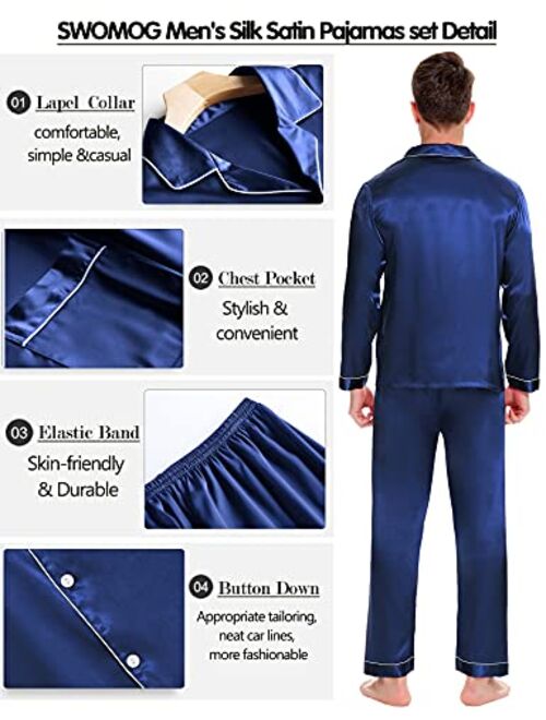 SWOMOG Mens Satin Pajamas Set Button-Down Classic Sleepwear Silk Long Sleeve Loungewear