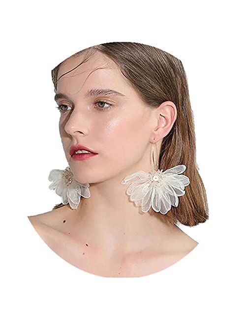 YERTTER Women Big Petal Drop Large Earrings Flowers Dangle Earrings with Chiffon Floral Tassel for Vacation Wedding (Black)