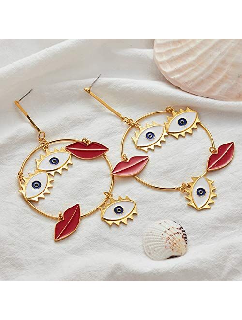Doubnine Large Hoop Circle Bohemian Earrings Dangle Funny Gold Red Lips Eyes 80's Vintage for Women