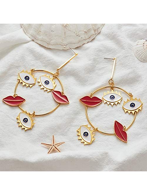 Doubnine Large Hoop Circle Bohemian Earrings Dangle Funny Gold Red Lips Eyes 80's Vintage for Women