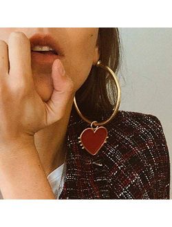 Doubnine Hoop Gold Earrings Red Heart Charm Big Circle Dangle Drop Cuff Vintage Hippie Bohemian Accessories for Women