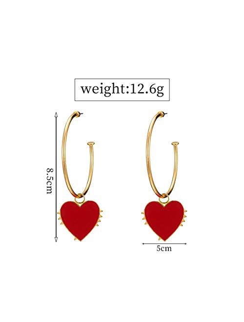 Doubnine Hoop Gold Earrings Red Heart Charm Big Circle Dangle Drop Cuff Vintage Hippie Bohemian Accessories for Women