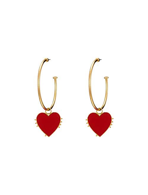 Doubnine Hoop Gold Earrings Red Heart Charm Big Circle Dangle Drop Cuff Vintage Hippie Bohemian Accessories for Women
