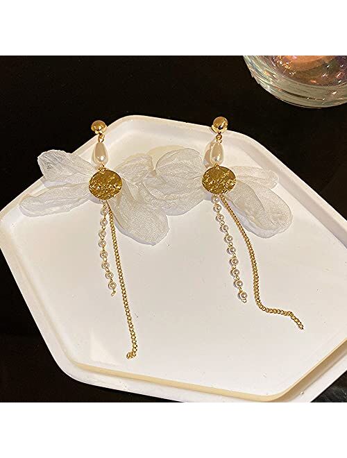 Wiwpar Bohemian Vintage Tassel Bow Pearl Earrings Dangle Pearl Boho Drop Long Bar Earrings for Women Girls (Gold)