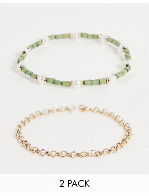 Liars & Lovers 2-pack bead & pearl anklets in gold and green