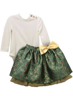 Little Girls 2 Piece Long Sleeved Ribbed Shirt and Holly Print Jacquard Skirt Set