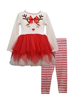 Girls Christmas Holiday Reindeer Dress Tutu Legging Set