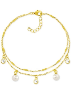 Essentials Imitation Pearl & Crystal Two-Row Silver Plate Anklet