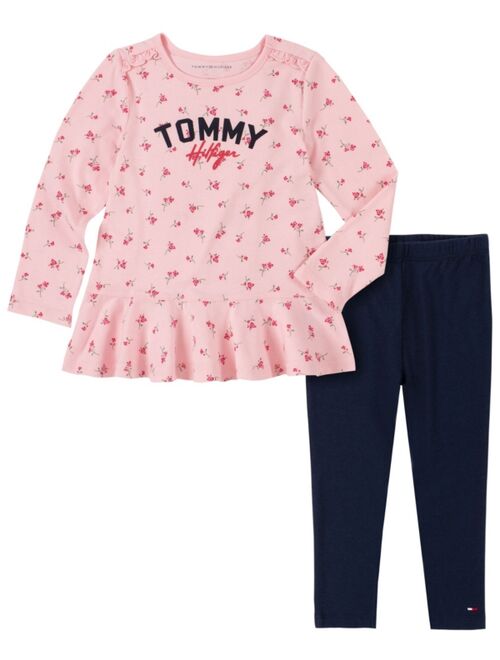 Tommy Hilfiger Toddler Girls Floral Flounce Hem Top and Leggings Set, 2 Piece