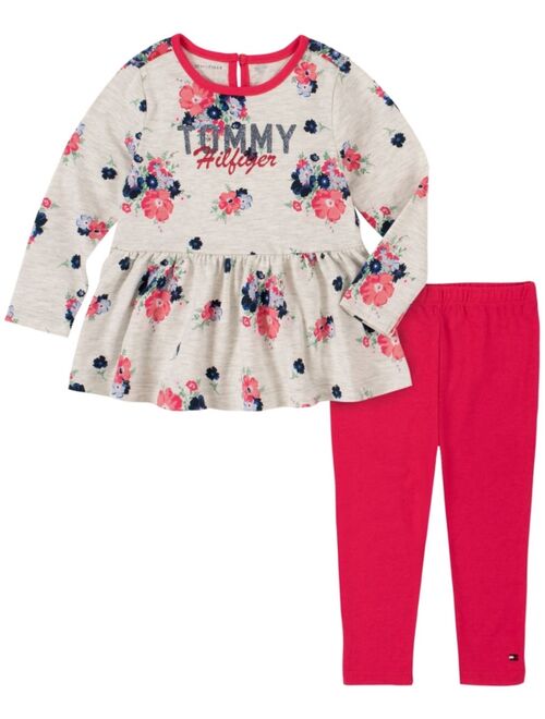Tommy Hilfiger Little Girls Big Floral Flounce Peplum Top and Leggings Set, 2 Piece