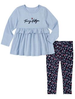 Little Girls Puff Logo Ruffled Tunic Top and Floral Leggings Set, 2 Piece
