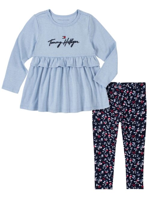 Tommy Hilfiger Little Girls Puff Logo Ruffled Tunic Top and Floral Leggings Set, 2 Piece