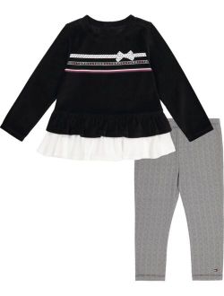 Little Girls Velour Top with Ruffle Trim and Patterned Leggings, 2 Piece Set