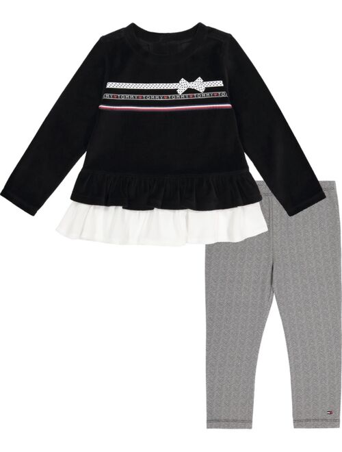 Tommy Hilfiger Little Girls Velour Top with Ruffle Trim and Patterned Leggings, 2 Piece Set