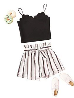 Girl's Cute 2PC Scallop Trim Cami Top & Paperbag Waist Belted Shorts Summer Set