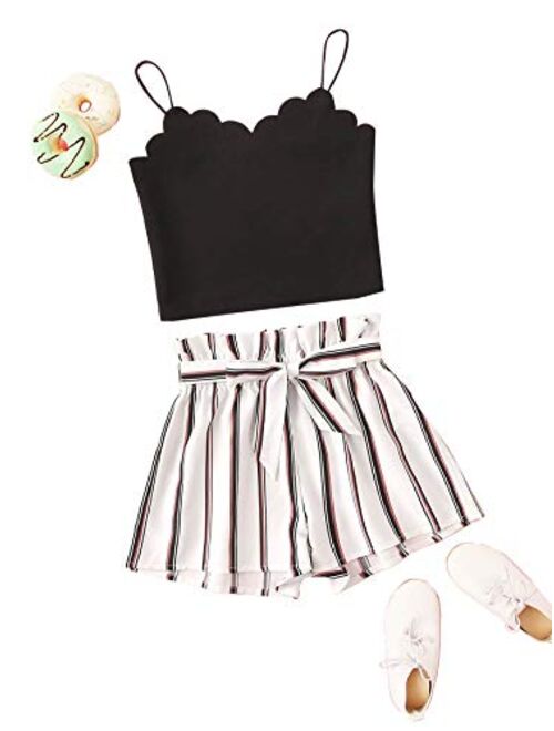Romwe Girl's Cute 2PC Scallop Trim Cami Top & Paperbag Waist Belted Shorts Summer Set