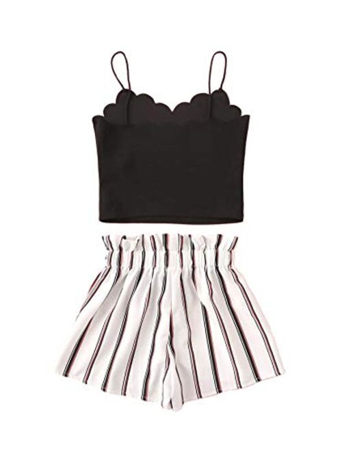 Romwe Girl's Cute 2PC Scallop Trim Cami Top & Paperbag Waist Belted Shorts Summer Set
