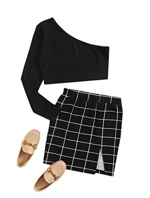 Romwe Girl's Ribbed Long Sleeve Crop Tops and Plaid Pencil Skirt Sets Outfit