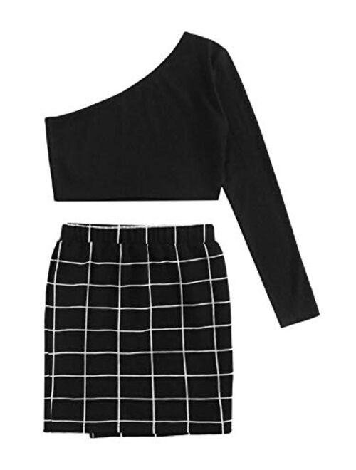 Romwe Girl's Ribbed Long Sleeve Crop Tops and Plaid Pencil Skirt Sets Outfit