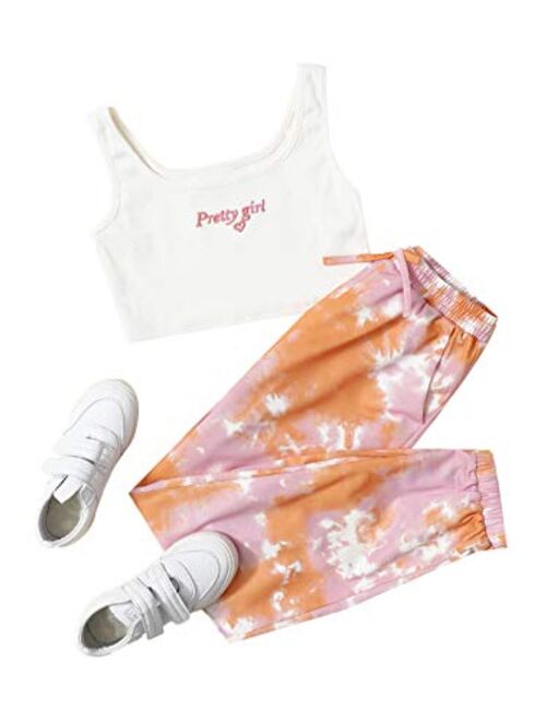 Romwe Girl's 2 Pieces Outfit Tie Dye Crop Tank Tops and Pant Set Clothing Set