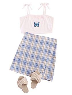 Girl's 2 Pieces Skirts Set Butterfly Print Cami Crop Tops and Plaid Skirts Outfit