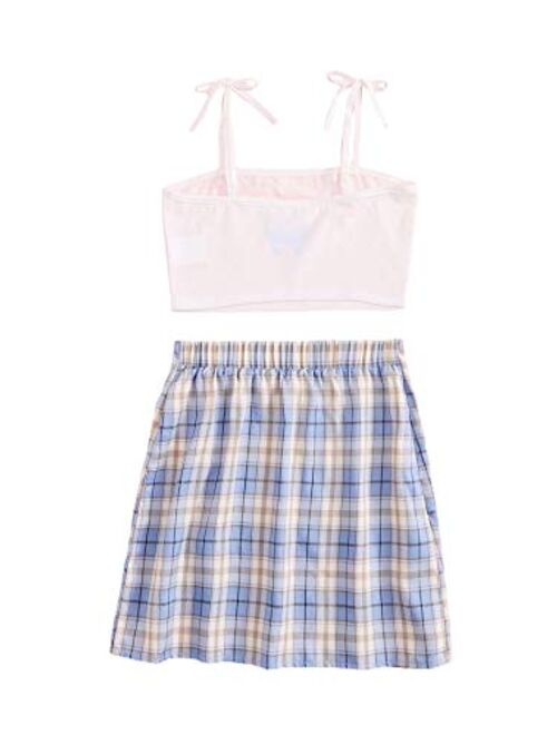 Romwe Girl's 2 Pieces Skirts Set Butterfly Print Cami Crop Tops and Plaid Skirts Outfit