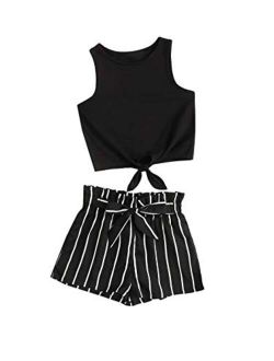 Girl's 2 Piece Outfit Tie Knot Tank Tops and Striped Paperbag Waist Shorts Set