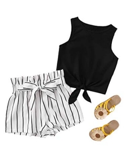 Girl's 2 Piece Outfit Tie Knot Tank Tops and Striped Paperbag Waist Shorts Set