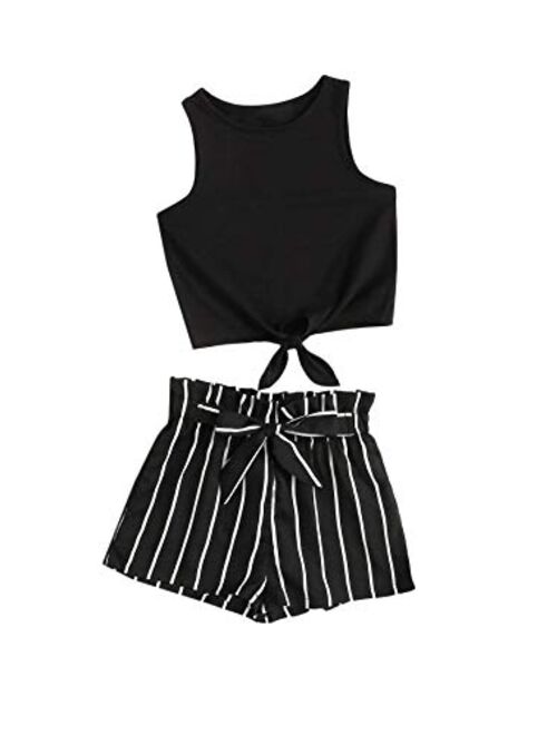 Romwe Girl's 2 Piece Outfit Tie Knot Tank Tops and Striped Paperbag Waist Shorts Set