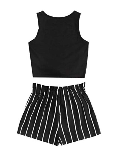 Romwe Girl's 2 Piece Outfit Tie Knot Tank Tops and Striped Paperbag Waist Shorts Set