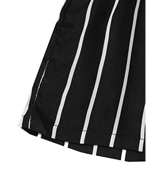 Romwe Girl's 2 Piece Outfit Tie Knot Tank Tops and Striped Paperbag Waist Shorts Set