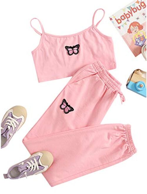 Romwe Girl's 2 Piece Outfit Cami Crop Tops and Sweatpants Set Lounge Set