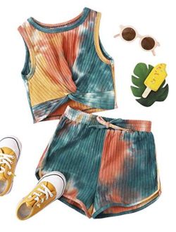 Girl's 2 Piece Shorts Set Tie Dye Twist Front Tank Tops and Shorts Outfit