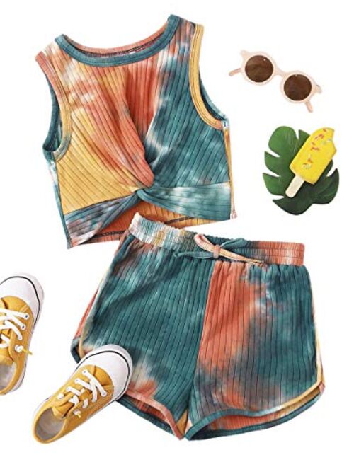 Romwe Girl's 2 Piece Shorts Set Tie Dye Twist Front Tank Tops and Shorts Outfit