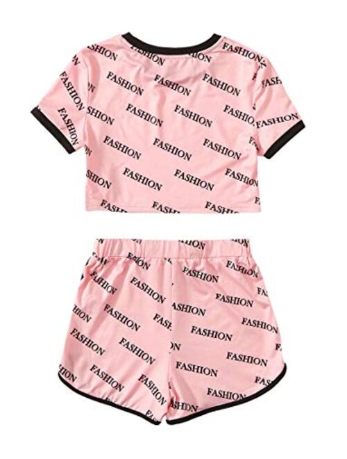 Romwe Girl's 2 Piece Shorts Set Graphic Crop Tops and Shorts Athletic Outfit
