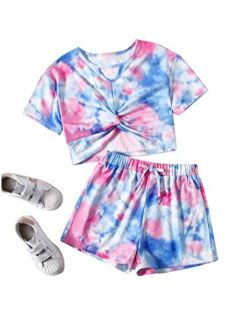 Gril's Tie Dye Short Sleeve Twist Front Crop Top and Shorts Set 2 Piece Outfit