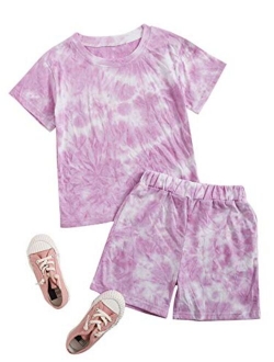 Gril's Tie Dye Short Sleeve Twist Front Crop Top and Shorts Set 2 Piece Outfit