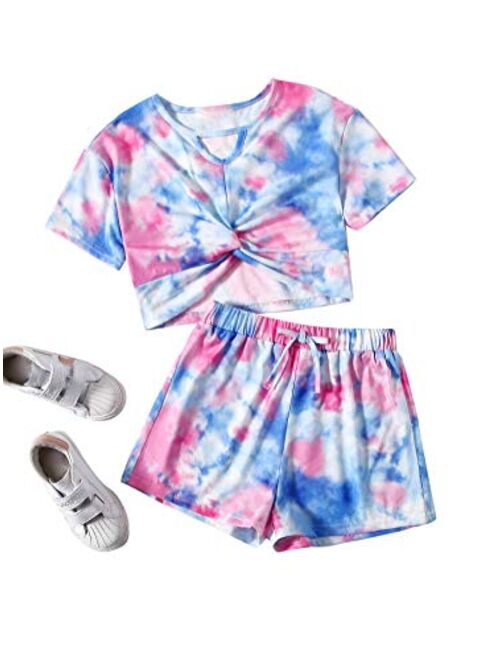 Romwe Gril's Tie Dye Short Sleeve Twist Front Crop Top and Shorts Set 2 Piece Outfit