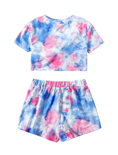 Romwe Gril's Tie Dye Short Sleeve Twist Front Crop Top and Shorts Set 2 Piece Outfit
