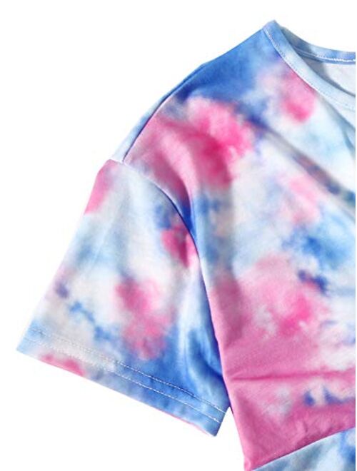 Romwe Gril's Tie Dye Short Sleeve Twist Front Crop Top and Shorts Set 2 Piece Outfit