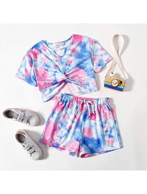 Romwe Gril's Tie Dye Short Sleeve Twist Front Crop Top and Shorts Set 2 Piece Outfit