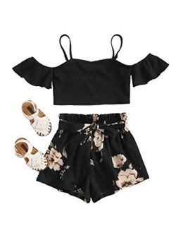 Girl's 2 Piece Shorts Set Cold Shoulder Crop Tops and Beach Shorts Outfit