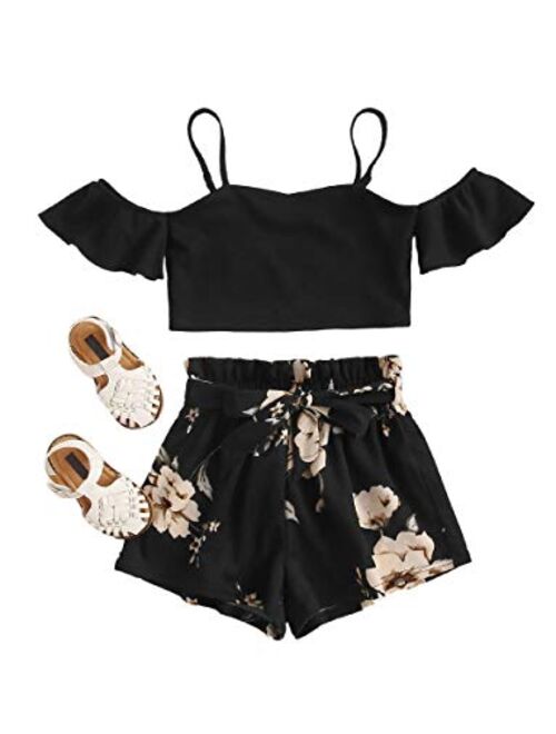Romwe Girl's 2 Piece Shorts Set Cold Shoulder Crop Tops and Beach Shorts Outfit