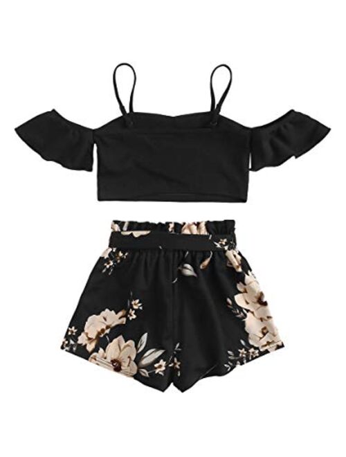 Romwe Girl's 2 Piece Shorts Set Cold Shoulder Crop Tops and Beach Shorts Outfit
