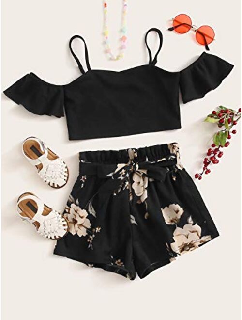 Romwe Girl's 2 Piece Shorts Set Cold Shoulder Crop Tops and Beach Shorts Outfit