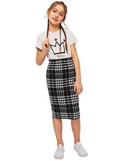 Girl's Plaid Knee Length Skirts Mid Waist Stretchy Pencil Midi Skirts