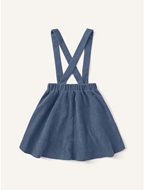 Romwe Girl's Cute Corduroy Button Front Criss Cross Back Elastic Waist Solid Overall Jumper Dress