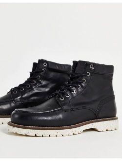 leather lace up boots with contrast sole in black