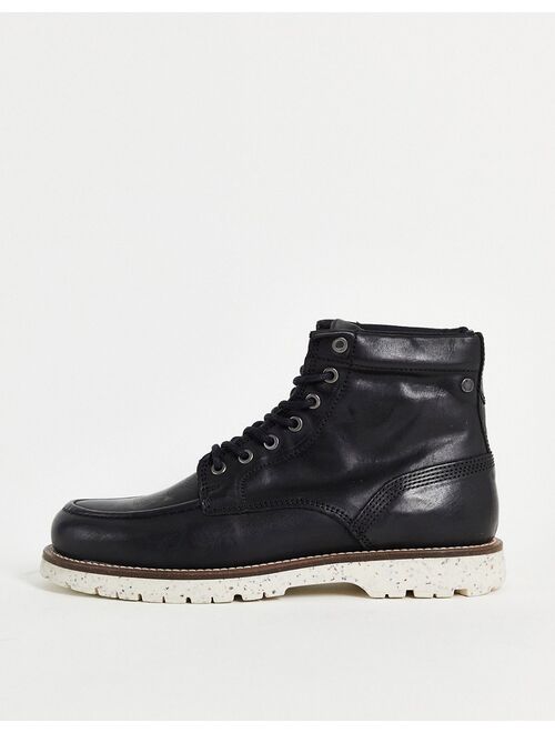 Jack & Jones leather lace up boots with contrast sole in black